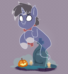Size: 620x667 | Tagged: safe, artist:joaothejohn, oc, oc only, oc:night reader, bat pony, ghost, ghost pony, pony, undead, unicorn, animated, bat pony oc, candle, clothes, commission, floating, gif, grave, gravestone, halloween, holiday, jack-o-lantern, male, open mouth, pumpkin, scarf, solo, spooky, ych result