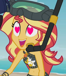 Size: 625x721 | Tagged: safe, edit, edited screencap, screencap, sunset shimmer, equestria girls, g4, my little pony equestria girls: better together, unsolved selfie mysteries, belly button, bikini babe, black bikini, black swimsuit, clothes, cropped, heart, heart eyes, leather, snorkel, sunset shimmer swimsuit, sunset shimmer's beach shorts swimsuit, swimsuit, wingding eyes