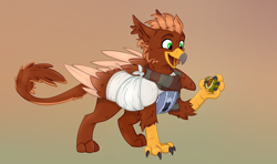 Size: 1630x964 | Tagged: safe, artist:rutkotka, oc, oc only, oc:pavlos, griffon, broken bone, broken wing, cast, clothes, colored wings, commission, eared griffon, gradient background, griffon oc, happy, injured, male, one wing out, open mouth, open smile, sling, smiling, solo, sweater, wing fluff, wings