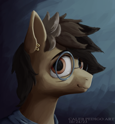 Size: 3250x3500 | Tagged: safe, artist:calebpedigo, oc, oc only, oc:angel butter, earth pony, pony, bust, ear piercing, earring, glasses, high res, jewelry, looking at you, male, piercing, round glasses, signature, smiling, smiling at you, solo, stallion