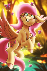 Size: 2000x3000 | Tagged: safe, artist:shad0w-galaxy, fluttershy, butterfly, firefly (insect), insect, pegasus, pony, g4, blushing, chest fluff, cute, ear fluff, female, flying, forest, grass, grin, high res, hooves, looking up, mare, pond, shyabetes, smiling, solo, tree, unshorn fetlocks, water