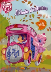 Size: 521x722 | Tagged: safe, pinkie pie (g3), scootaloo (g3), earth pony, pony, g3, g3.5, official, autumn, bus, french, leaf, my little pony logo, panini, starsong's stageshow bus