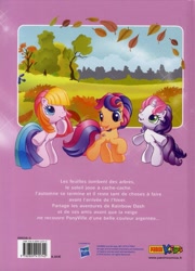 Size: 521x722 | Tagged: safe, cheerilee (g3), scootaloo (g3), sweetie belle (g3), earth pony, pony, g3, g3.5, official, autumn, bipedal, french, leaf, my little pony logo, panini