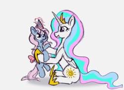 Size: 1592x1160 | Tagged: safe, artist:terra0940, derpibooru exclusive, princess celestia, princess serena, alicorn, earth pony, pony, mlp fim's thirteenth anniversary, g1, g4, bow, cute, duo, duo female, female, generational ponidox, hat, mare, party hat, simple background, tail, tail bow, wand, white background