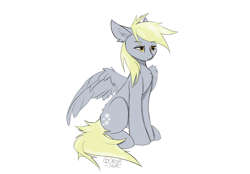 Size: 2419x1680 | Tagged: safe, artist:gooseshit, derpy hooves, pegasus, pony, g4, chest fluff, cute, ear fluff, female, partially open wings, simple background, solo, white background, wing fluff, wings