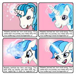 Size: 630x623 | Tagged: safe, artist:dazzle, majesty, pony, unicorn, comic:my little pony (g1), g1, g3, g4, g5, my little pony: tell your tale, comic panel, female, g1 to g3, g1 to g4, g1 to g5, generation leap, glowing, glowing horn, horn, magic, mare, redraw, rhyme, solo, sparkles, twirled her magic horn