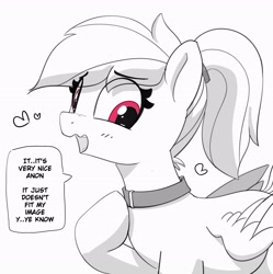 Size: 2853x2861 | Tagged: safe, artist:pabbley, rainbow dash, pegasus, pony, g4, alternate hairstyle, blush lines, blushing, collar, dialogue, embarrassed, eye clipping through hair, eyebrows, eyebrows visible through hair, female, floating heart, grayscale, heart, high res, implied anon, mare, monochrome, partial color, partially open wings, ponytail, simple background, solo, speech bubble, white background, wings