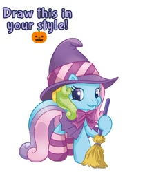 Size: 425x477 | Tagged: safe, rainbow dash (g3), earth pony, pony, g3, g3.5, bow, broom, clothes, costume, draw this in your style, halloween, halloween costume, hat, holiday, looking at you, rainbow dash always dresses in style, simple background, socks, solo, striped socks, white background, witch costume, witch hat