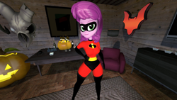 Size: 1920x1080 | Tagged: safe, artist:oatmeal!, cheerilee, human, equestria girls, g4, 3d, accessory swap, candy, clothes, cosplay, costume, decoration, elastigirl, food, gmod, halloween, halloween costume, hand on hip, holiday, jack-o-lantern, looking at you, mask, pumpkin, sexy, socks, solo, spread legs, spreading, standing, superhero, the incredibles, thigh highs, wide hips