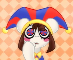 Size: 2791x2303 | Tagged: safe, artist:ninnydraws, doll pony, earth pony, object pony, original species, pony, animate object, doll, female, hat, high res, jester, jester hat, jester outfit, living doll, looking at you, mare, patterned background, pomni, ponified, ponmi, scene interpretation, solo, the amazing digital circus, toy