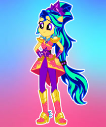 Size: 828x989 | Tagged: safe, artist:marshamagma310, sunset shimmer, equestria girls, g4, boots, crystal guardian, gradient background, high heel boots, ponied up, shoes, solo