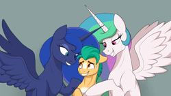 Size: 2500x1406 | Tagged: source needed, safe, hitch trailblazer, princess celestia, princess luna, alicorn, earth pony, pony, g4, g5, bedroom eyes, female, generational ponidox, gray background, grin, hitch trailblazer gets all the mares, horn, imminent sex, imminent snu snu, lucky bastard, male, mare, nervous, nervous smile, oh no, oh yes, royal sisters, siblings, simple background, sisters, smiling, spread wings, stallion, sternocleidomastoid, sweat, sweatdrop, this will end in snu snu, this will end well, wingboner, wings