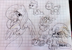 Size: 1137x800 | Tagged: safe, artist:kluzart, fluttershy, pinkie pie, pony, g4, baby, baby pony, graph paper, monochrome, sketch, tongue out, traditional art