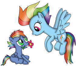Size: 741x720 | Tagged: safe, artist:dasher666, rainbow dash, oc, oc:spectrum, pegasus, pony, g4, the last problem, colt, duo, female, flower, foal, male, mare, mother and child, mother and son, offspring, older, older rainbow dash, parent:rainbow dash, parent:soarin', parents:soarindash, simple background, white background
