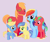 Size: 1691x1433 | Tagged: safe, alternate version, artist:karmadash, big macintosh, rainbow dash, oc, oc:apple swift, oc:honeycrisp, oc:zappapple, earth pony, pegasus, pony, unicorn, g4, alternate universe, beard, brother and sister, closed mouth, colored hooves, commission, earth pony oc, eyepatch, facial hair, father and child, father and daughter, father and son, female, folded wings, freckles, grin, horn, hug, lavender background, male, mother and child, mother and daughter, mother and son, offspring, older, older big macintosh, older rainbow dash, open mouth, parent:big macintosh, parent:rainbow dash, parents:rainbowmac, pegasus oc, raised hoof, rearing, ship:rainbowmac, shipping, siblings, simple background, sisters, smiling, standing, straight, twins, unicorn oc, unshorn fetlocks, winghug, wings