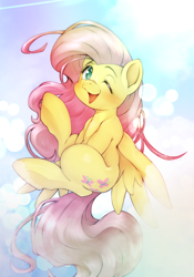 Size: 1668x2388 | Tagged: safe, artist:kurogewapony, fluttershy, pegasus, pony, g4, blushing, bokeh, crepuscular rays, female, looking at you, mare, one eye closed, partially open wings, smiling, solo, sunshine, wings, wink, winking at you