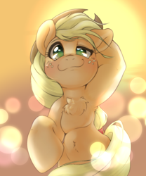 Size: 1668x2001 | Tagged: safe, artist:kurogewapony, applejack, earth pony, pony, semi-anthro, g4, arm hooves, blushing, bokeh, chest fluff, female, hooves behind head, looking at you, mare, simple background, smiling, smiling at you, solo