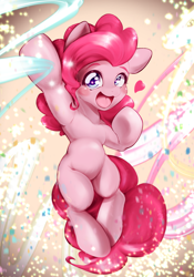 Size: 1668x2388 | Tagged: safe, artist:kurogewapony, pinkie pie, earth pony, pony, g4, abstract background, belly, bipedal, blushing, female, heart, looking at you, mare, round belly, smiling, solo