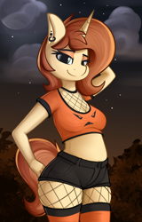Size: 1298x2026 | Tagged: safe, artist:andelai, oc, oc only, oc:celice, unicorn, anthro, anthro oc, arm behind head, clothes, cloud, female, fishnets, halloween, hand on hip, holiday, horn, looking at you, night, piercing, shirt, shorts, smiling, smiling at you, socks, solo, stars, t-shirt, thigh highs, unicorn oc, wide hips