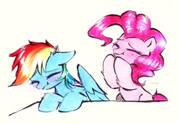 Size: 2390x1671 | Tagged: safe, artist:liaaqila, pinkie pie, rainbow dash, earth pony, pegasus, pony, g4, duo, duo female, eyes closed, female, simple background, stifling laughter, traditional art, white background