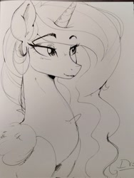Size: 1536x2048 | Tagged: safe, artist:thelunarmoon, princess celestia, alicorn, pony, g4, bust, eyebrows, eyebrows visible through hair, female, grayscale, lidded eyes, mare, monochrome, smiling, solo, sternocleidomastoid, traditional art