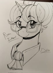 Size: 1510x2048 | Tagged: safe, artist:thelunarmoon, raven, pony, unicorn, g4, bust, eye clipping through hair, eyebrows, eyebrows visible through hair, female, glasses, grayscale, looking at you, mare, monochrome, smiling, smiling at you, solo, traditional art