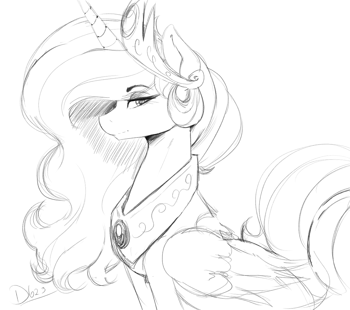 [alicorn,eyebrows,female,grayscale,jewelry,looking at you,mare,monochrome,pony,princess celestia,safe,simple background,solo,white background,regalia,lidded eyes,smiling,artist:thelunarmoon,smiling at you,eyebrows visible through hair]