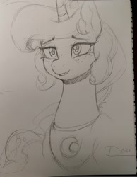 Size: 1586x2048 | Tagged: safe, artist:thelunarmoon, princess luna, alicorn, pony, g4, bust, female, freckles, grin, lidded eyes, mare, smiling, solo, traditional art