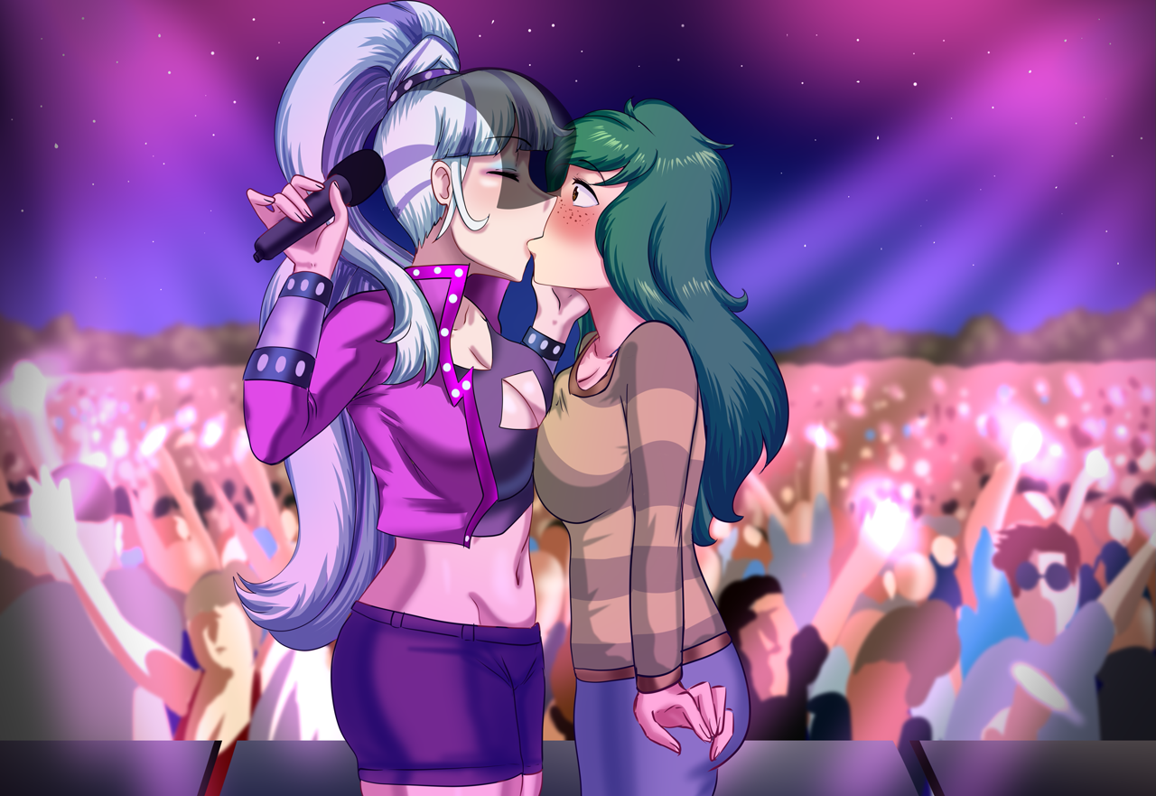 [belly button,blushing,breasts,cleavage,clothes,crack shipping,crowd,equestria girls,eyebrows,eyes closed,eyeshadow,female,high res,human,humanized,kissing,lesbian,makeup,microphone,midriff,safe,shipping,shorts,sweater,veil,coloratura,blushing profusely,kiss on the lips,duo focus,busty coloratura,eyebrows visible through hair,artist:thebrokencog,wallflower blush,busty wallflower blush]