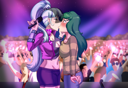 Size: 2975x2048 | Tagged: safe, artist:thebrokencog, coloratura, wallflower blush, human, equestria girls, g4, belly button, blushing, blushing profusely, breasts, busty coloratura, busty wallflower blush, cleavage, clothes, cog's kisses, crack shipping, crowd, duo focus, eyebrows, eyebrows visible through hair, eyes closed, eyeshadow, female, high res, humanized, kiss on the lips, kissing, lesbian, makeup, microphone, midriff, shipping, shorts, sweater, veil