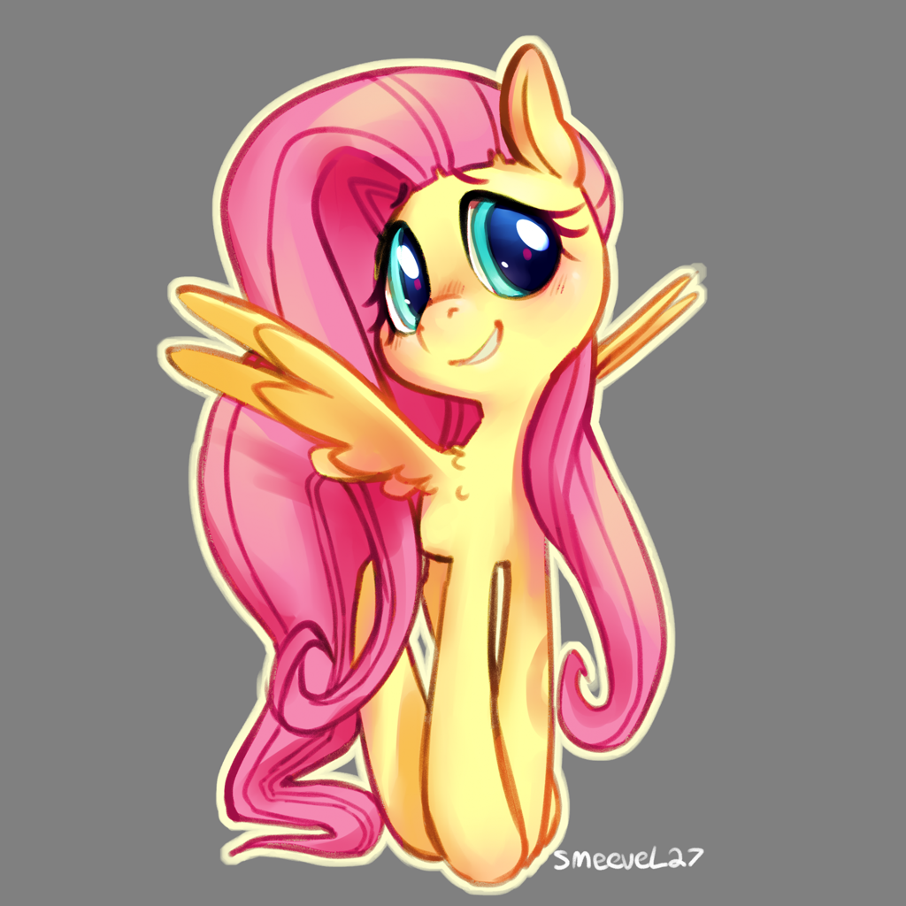 [blushing,cute,female,fluttershy,looking at you,mare,pegasus,pony,safe,signature,simple background,solo,wings,shyabetes,smiling,spread wings,gray background,smiling at you,artist:smeevel27]