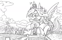 Size: 2000x1294 | Tagged: safe, artist:tsitra360, apple bloom, applejack, big macintosh, rainbow dash, earth pony, pegasus, pony, g4, apple siblings, apple sisters, applejack is not amused, big macintosh is not amused, black and white, brother and sister, female, giant pony, giant rainbow dash, grayscale, macro, mare, monochrome, ponies riding ponies, riding, siblings, simple background, sisters, unamused, varying degrees of amusement, white background