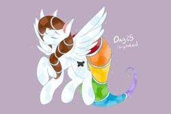 Size: 2048x1365 | Tagged: safe, artist:mscolorsplash, oc, oc only, oc:color splash, pegasus, pony, crystallized, eyes closed, female, mare, ponytober, purple background, rainbow tail, simple background, smiling, solo, spread wings, tail, wings
