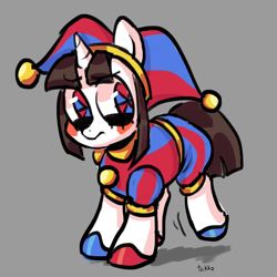 Size: 2000x2000 | Tagged: safe, artist:taikk0, doll pony, object pony, original species, pony, unicorn, animate object, doll, female, gray background, hat, high res, jester, jester hat, jester outfit, living doll, mare, pomni, ponified, ponmi, simple background, solo, the amazing digital circus, toy