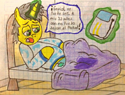 Size: 2820x2146 | Tagged: safe, artist:bitter sweetness, oc, oc only, oc:bitter sweetness, pony, unicorn, abdl, adult foal, anus, bed, bedwetting, blanket, clothes, diaper, diaper fetish, fetish, glowing, glowing horn, graph paper, green eyes, high res, horn, levitation, lying down, lying on bed, magic, male, mattress, non-baby in diaper, nudity, on bed, open mouth, pissing, spanish, spanish description, spanish text, speech bubble, stallion, stallion oc, telekinesis, traditional art, translated in the description, urine, wetting, wooden floor