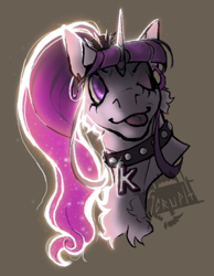 Size: 436x562 | Tagged: safe, oc, pony, unicorn, chest fluff, collar, commission, eyeshadow, fluffy, headshot commission, makeup, pink eyeshadow, pink hightlights, pink pelt, purple eyes, purple mane, shading