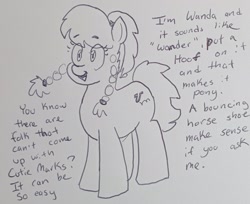 Size: 1772x1446 | Tagged: safe, artist:pony quarantine, oc, oc only, oc:wanda hoof, earth pony, pony, dialogue, female, grayscale, mare, monochrome, pen drawing, solo, talking to viewer, traditional art