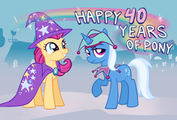 Size: 2000x1356 | Tagged: safe, artist:catachromatic, princess trixiebelle, trixie, earth pony, pony, unicorn, mlp fim's thirteenth anniversary, g2, g4, 40th anniversary, accessory swap, annoyed, building, cape, clothes, complex background, duo, duo female, female, g2 to g4, generation leap, generational ponidox, grin, happy, hat, horn, jester hat, lidded eyes, mare, outdoors, path, rainbow, raised hoof, ruff (clothing), show accurate, smiling, standing, text, the great and powerful, trixie's cape, trixie's hat