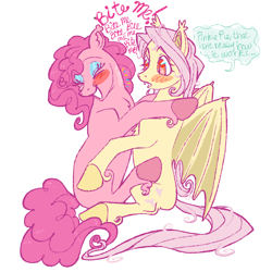 Size: 2048x2048 | Tagged: safe, artist:universalheart, fluttershy, pinkie pie, bat pony, earth pony, pony, g4, bat ponified, butt blush, dialogue, eyes closed, female, flutterbat, high res, lesbian, mare, race swap, ship:flutterpie, shipping, simple background, sitting, smiling, white background
