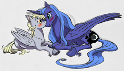 Size: 2048x1170 | Tagged: safe, artist:universalheart, derpy hooves, princess luna, alicorn, pegasus, pony, g4, blush sticker, blushing, female, folded wings, gray background, large wings, lesbian, looking at each other, looking at someone, lying down, prone, ship:lunaderp, shipping, simple background, wings