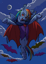 Size: 1000x1400 | Tagged: safe, artist:universalheart, rainbow dash, bat, pony, undead, vampire, vampony, g4, bite mark, cape, clothes, crescent moon, fangs, female, halloween, holiday, mare, moon, open mouth, open smile, smiling, solo, spread hooves