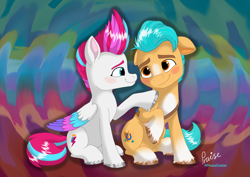 Size: 4961x3508 | Tagged: safe, artist:praisecastiel, hitch trailblazer, zipp storm, earth pony, pegasus, pony, g5, abstract background, absurd resolution, blushing, duo, duo male and female, female, looking at each other, looking at someone, male, mare, ship:stormblazer, shipping, sitting, stallion, straight