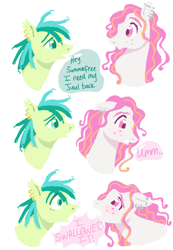 Size: 827x1194 | Tagged: safe, artist:universalheart, oc, oc only, oc:summerfree apple, earth pony, pony, bust, comic, dialogue, duo, ear piercing, earring, freckles, jewelry, male, piercing, simple background, speech bubble, stallion, white background