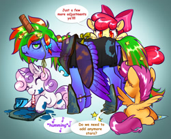Size: 2400x1958 | Tagged: safe, artist:opalacorn, apple bloom, nightmare moon, scootaloo, sweetie belle, oc, earth pony, pegasus, pony, unicorn, g4, adorabloom, clothes, commission, costume, cute, cutealoo, cutie mark crusaders, dialogue, diasweetes, eyes closed, female, filly, foal, halloween, halloween costume, holiday, mouth hold, nightmare night costume, paint, paintbrush, smiling, speech bubble, story included, unamused