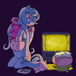 Size: 2048x2048 | Tagged: safe, artist:universalheart, moondancer (g3), earth pony, pony, g3, bunny slippers, clothes, female, food, high res, looking back, mare, plushie, popcorn, slippers, smiling, solo, teddy bear, television