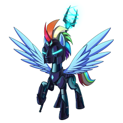 Size: 9500x9500 | Tagged: safe, artist:dacaoo, rainbow dash, pegasus, pony, g4, armor, commission, crystal, drawing, helmet, high quality, latex, latex suit, lightning, mind control, rubber drone, simple background, solo, spear, storm guard, transparent background, weapon, wings