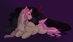 Size: 2000x1156 | Tagged: safe, artist:lesghostie, fluttershy, king sombra, pegasus, pony, unicorn, g4, colored wings, colored wingtips, cuddling, cute, cute little fangs, fangs, female, hoers, male, mare, preggoshy, purple background, ship:sombrashy, shipping, simple background, stallion, straight, turned head, wings