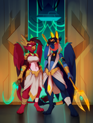 Size: 2457x3241 | Tagged: safe, artist:hakkids2, oc, oc:glace, oc:glacis, griffon, anthro, armor, egyptian, energy weapon, female, high res, science fiction, weapon