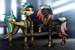Size: 2581x1734 | Tagged: source needed, safe, artist:fenixdust, oc, oc only, oc:sunstream, oc:velvetine, pegasus, pony, armor, duo, egyptian, hangar, looking at you, raised hoof, science fiction