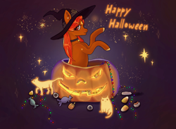 Size: 1920x1408 | Tagged: safe, artist:soudooku, oc, oc only, cat, earth pony, pony, candy, commission, food, halloween, happy halloween, hat, holiday, jack-o-lantern, pumpkin, slot, solo, sparkles, witch, witch hat